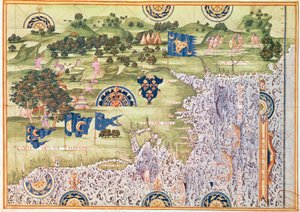 Fol.56v &39;Cosmographie Universelle&39;によるフロリダ、カナダ、ラブラドールの地図、1555